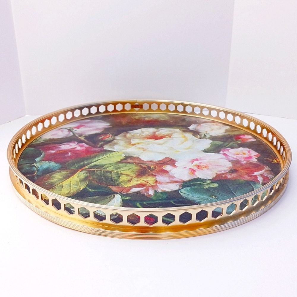 Vintage Floral Tray Round Spring  Cottage 11.5 inches gold tone Mothers Day